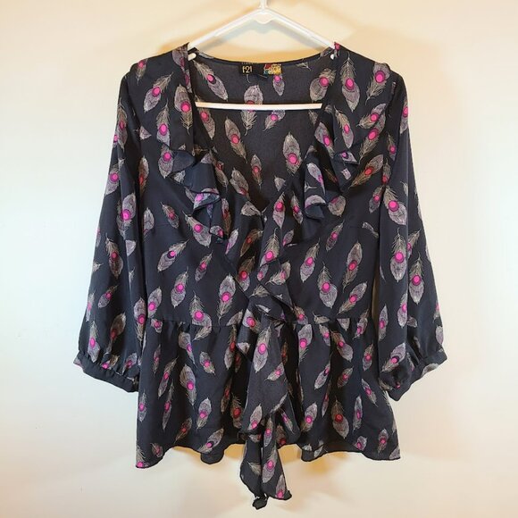 Vtg F21 Y2K Peplum Ruffle V-Neck Top Women's L Peacock Feather Black Peasant - Picture 2 of 13